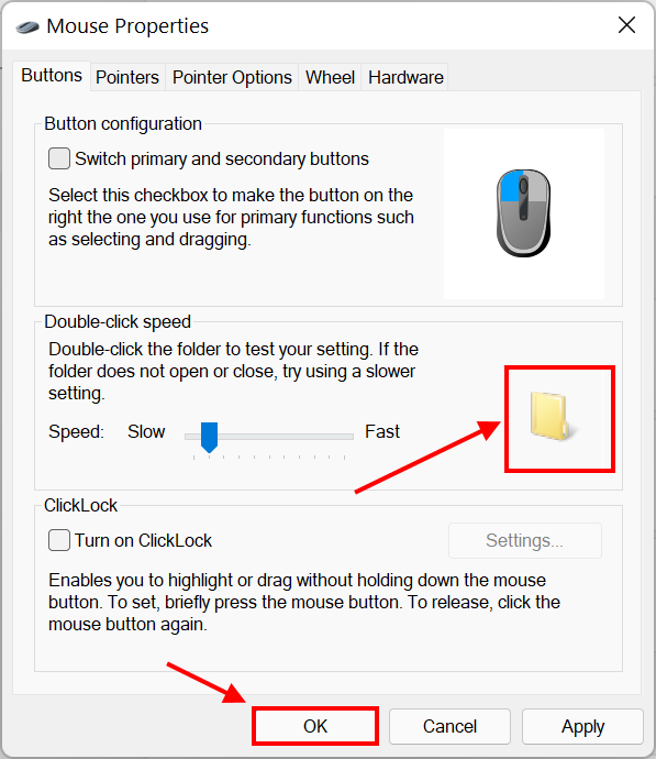 Test your setting by double-clicking on the folder icon. Click OK to exit.